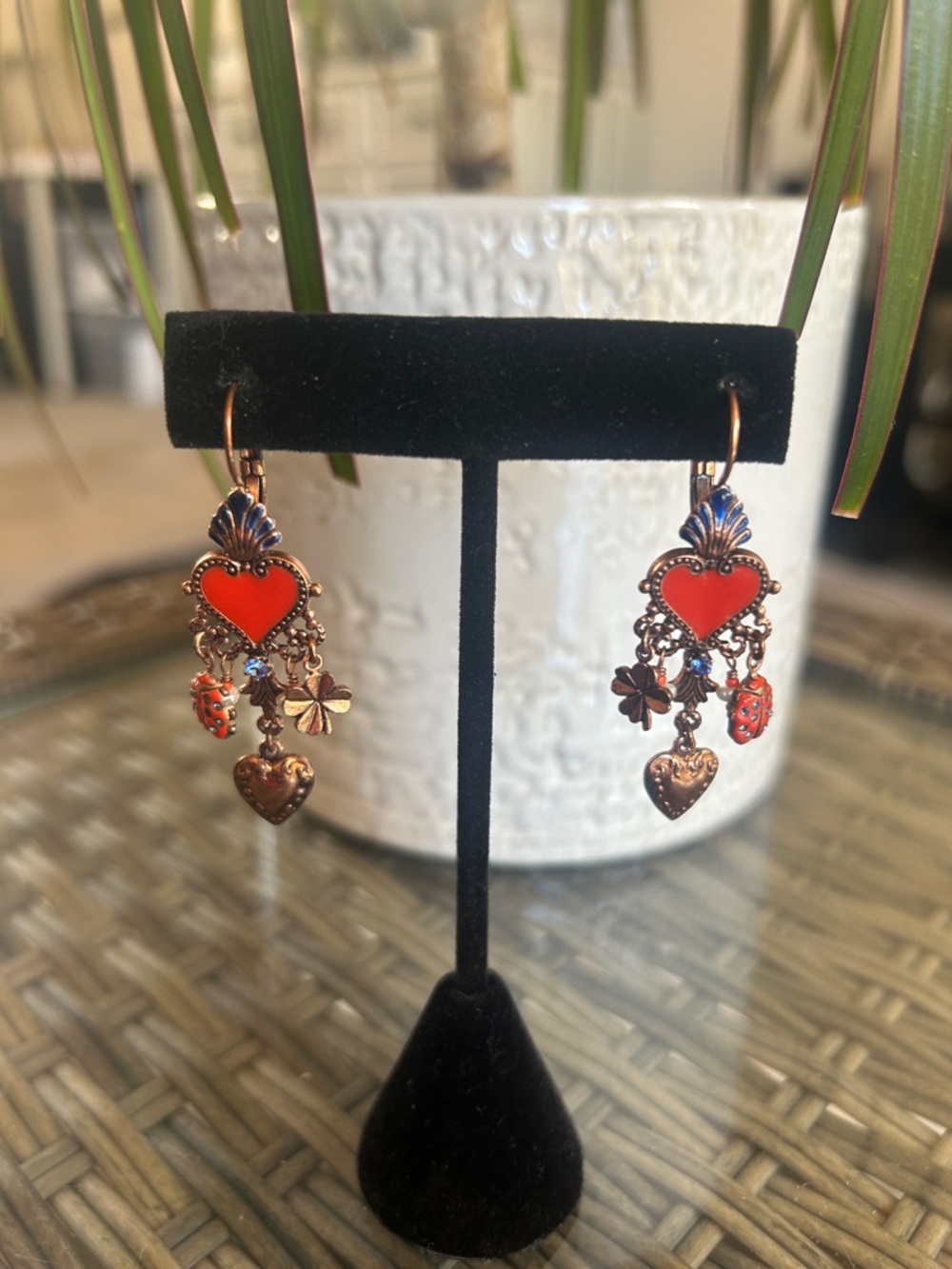 Red Heart Enamel Drop Earrings with Charm Accents